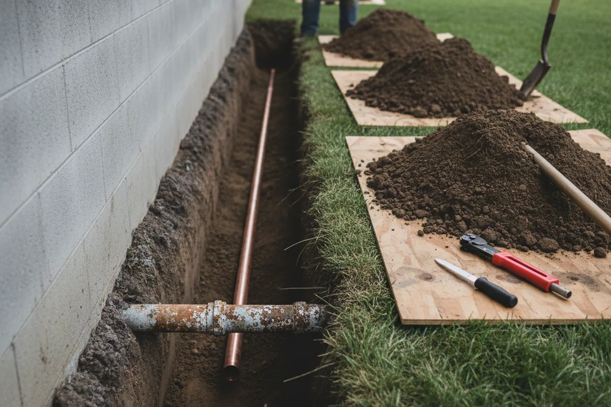 Excavated water line trench during Sewer Line Repair in South Londonderry